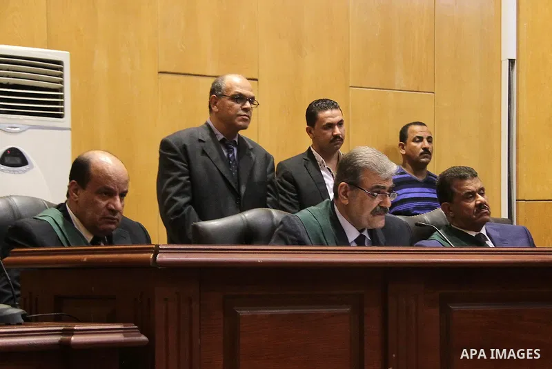 Judges attend the trial of Alaa and Gamal Mubarak, the sons of former former president Hosni Mubarak in Cairo on November 19, 2016. Cairo Criminal Court held at Police Academy adjourned Gamal and Alaa Mubarak trial in ''...