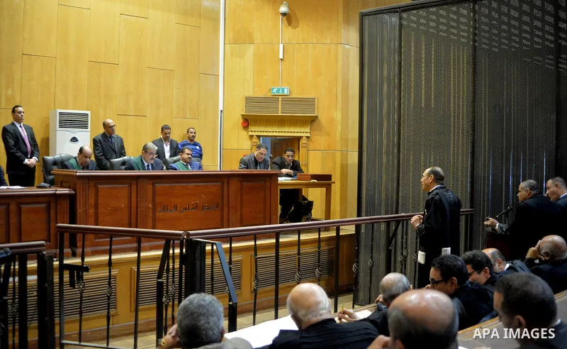 Judges attend the trial of Alaa and Gamal Mubarak, the sons of former former president Hosni Mubarak in Cairo on November 19, 2016. Cairo Criminal Court held at Police Academy adjourned Gamal and Alaa Mubarak trial in ''...