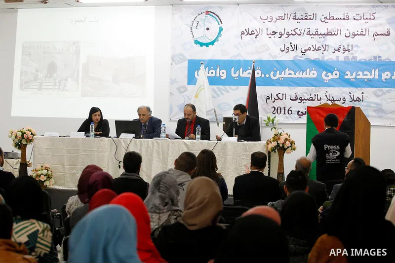 Palestinian Journalists attend the first Media conference, at Palestine technical college in the West Bank city of Hebron, on Nov. 20, 2016. Photo by Wisam Hashlamoun