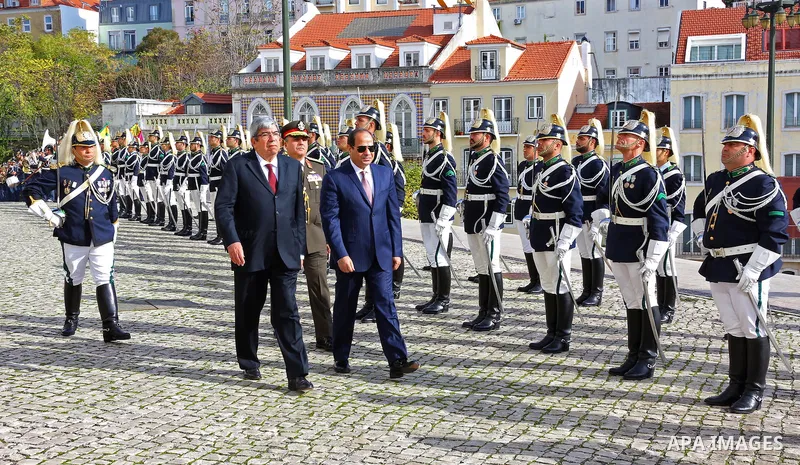 Speaker of the Portuguese Parliament Eduardo Ferro Rodrigues and Egyptian President Abdel Fattah al-Sisi review an honor guard during his visit to Portuguese Parliament in Lisbon, Portugal, 22 November 2016. Photo by Egy...