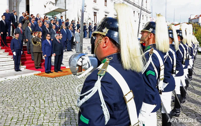 Speaker of the Portuguese Parliament Eduardo Ferro Rodrigues and Egyptian President Abdel Fattah al-Sisi review an honor guard during his visit to Portuguese Parliament in Lisbon, Portugal, 22 November 2016. Photo by Egy...