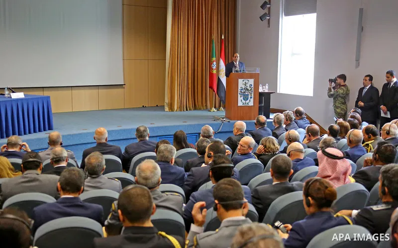 Egyptian President Abdel Fattah al-Sisi speaks during his visits to Portuguese military academy in Lisbon, Portugal, 22 November 2016. Photo by Egyptian President Office
