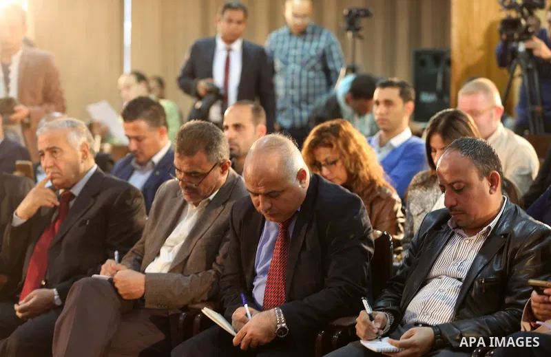 Palestinian Journalists attend a press conference, in Cairo, Egypt, on November 23, 2016. Photo by Yasser Qudih