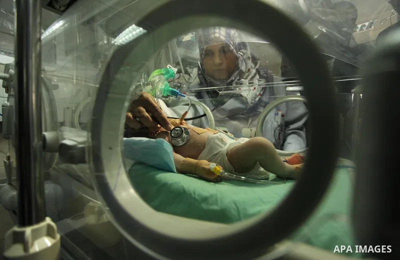 One-day-old Palestinian conjoined twin boys lie in an incubator at the nursery at al-Shifa Hospital in Gaza City on November 23, 2016. Photo by Ashraf Amra