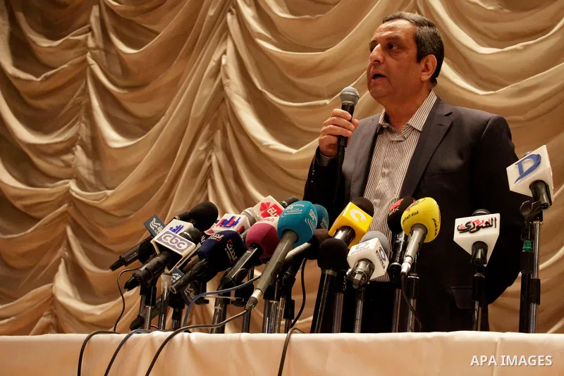 Yahia Kalash, the head of the journalists' union, speaks during a meeting with journalists at Journalists' Syndicate in Cairo, Egypt, Nov. 23, 2016. An Egyptian court sentenced the head of the journalists' union and two...