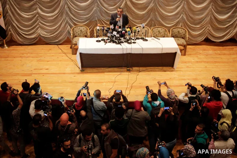 Yahia Kalash, the head of the journalists' union, speaks during a meeting with journalists at Journalists' Syndicate in Cairo, Egypt, Nov. 23, 2016. An Egyptian court sentenced the head of the journalists' union and two...