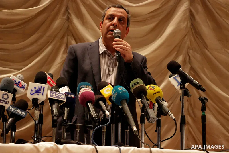Yahia Kalash, the head of the journalists' union, speaks during a meeting with journalists at Journalists' Syndicate in Cairo, Egypt, Nov. 23, 2016. An Egyptian court sentenced the head of the journalists' union and two...