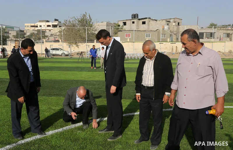 Alexander Gross, the development of FIFA's program in Asia director attends the inauguration ceremony of play field in Gaza city, on Nov. 23, 2016. Photo by Mohammed Asad