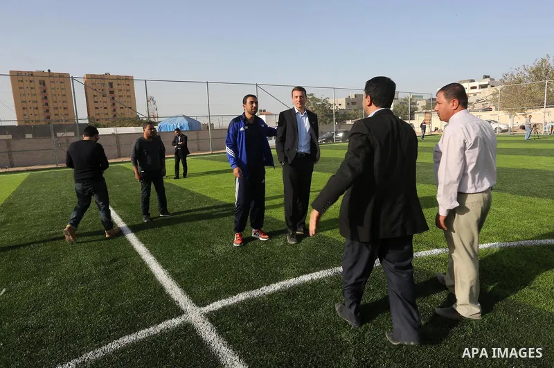 Alexander Gross, the development of FIFA's program in Asia director attends the inauguration ceremony of play field in Gaza city, on Nov. 23, 2016. Photo by Mohammed Asad