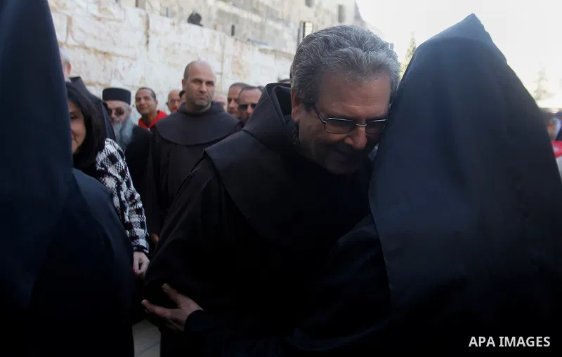 Custodian of the Holy Land Father Francesco Patton arrives to the church of Nativity to ceremonially launch the beginning of the Christmas season, in the West Bank city of Bethlehem November 26, 2016. Photo by Wisam Hash...