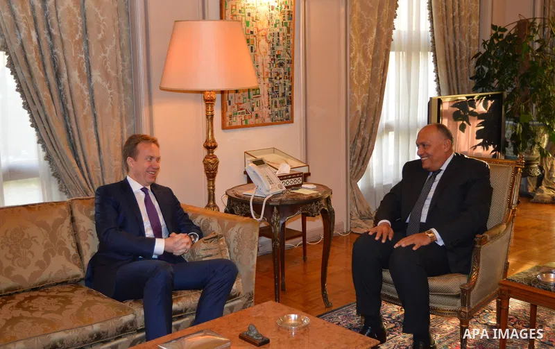 Egyptian Foreign Minister Sameh Shoukry, meets with Norway's Foreign Minister, Borge Brende, in Cairo, Egypt, on November 26, 2016. Photo by Egyptian President Office