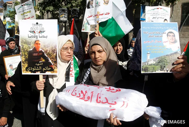 Palestinians hold banners during a protest demanding Israel return the bodies of Palestinians who allegedly stabbed Israelis, in the West Bank city of Hebron, on November 28, 2016. Photo by Wisam Hashlamoun