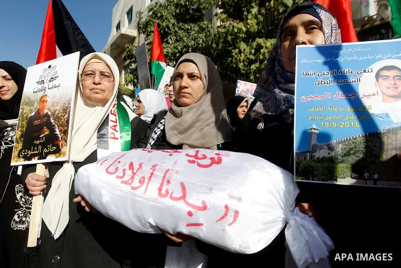 Palestinians hold banners during a protest demanding Israel return the bodies of Palestinians who allegedly stabbed Israelis, in the West Bank city of Hebron, on November 28, 2016. Photo by Wisam Hashlamoun