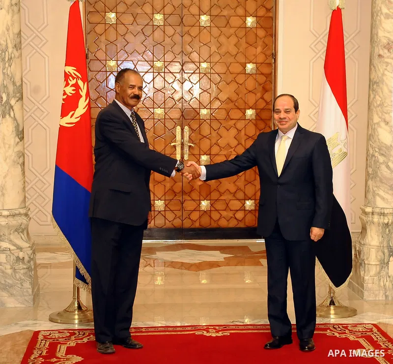 Egyptian President Abdel Fattah al-Sisi shake hands with Isaias Afwerki, President of Eritrea, in Cairo, Egypt, on Nov. 29.2016. Photo by Egyptian President Office