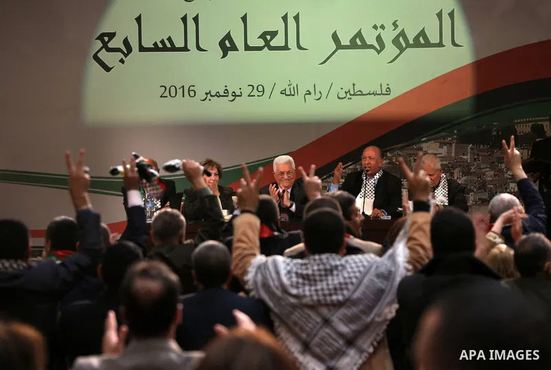 Palestinian president Mahmoud Abbas gestures after delivering a speech on the second day of the 7th Fatah Congress on November 30, 2016, at the Muqataa, the Palestinian Authority headquarters, in the West Bank city of Ra...