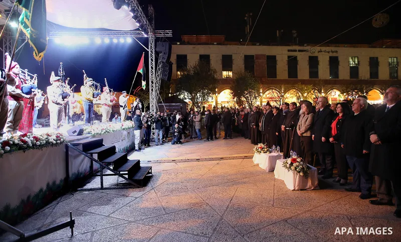Palestinian Prime Minister, Rami Hamdallah attends the lighting of the Christmas tree on December 3, 2016 at the Manger Square near the Church of the Nativity, revered as the site of Jesus Christ's birth, in the biblical...