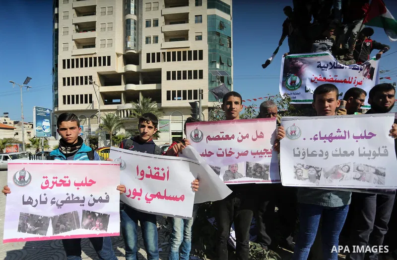 Palestinian youths hold banners and flags during a protest to show solidarity with the people in Burma and Syria, in Gaza city on December 6, 2016. Photo by Mohammed Asad