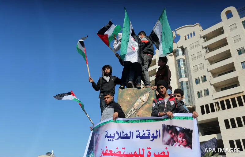 Palestinian youths hold banners and flags during a protest to show solidarity with the people in Burma and Syria, in Gaza city on December 6, 2016. Photo by Mohammed Asad