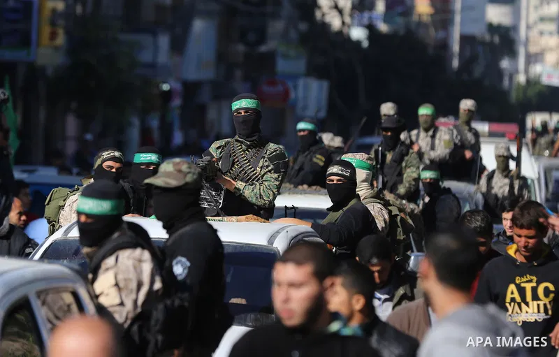Palestinian Hamas militants attend the funeral of fellow of their comrade who was killed when a tunnel collapsed on Wednesday, during his funeral in Gaza City December 8, 2016. Photo by Yasser Qudih