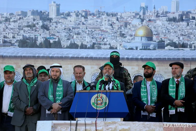 Senior Hamas leader Khalil al-Hayah gives a speech during a rally marking the 29th anniversary of Hamas foundation, in Jabalia in the northern of Gaza Strip, on December 09, 2016. Photo by Mohammed Asad