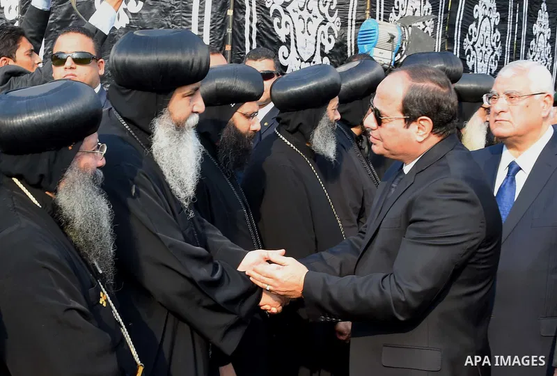 Egyptian President Abdel Fattah al-Sisi attends the funeral of the victims of a bomb explosion that targeted a Coptic Orthodox Church in Cairo, on December 12, 2016. Photo by Egyptian President Office