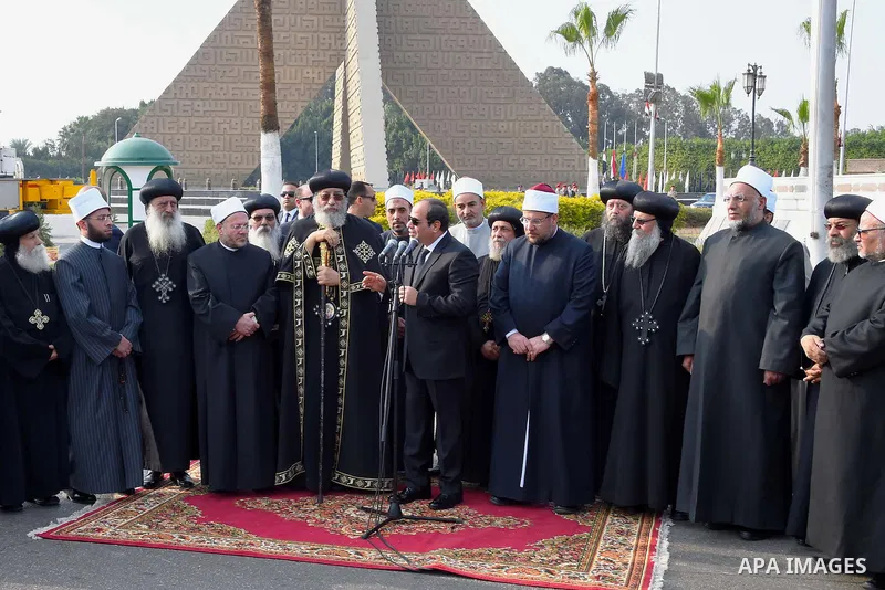 Egyptian President Abdel Fattah al-Sisi gives a speech during the funeral of the victims of a bomb explosion that targeted a Coptic Orthodox Church in Cairo, on December 12, 2016. Photo by Egyptian President Office