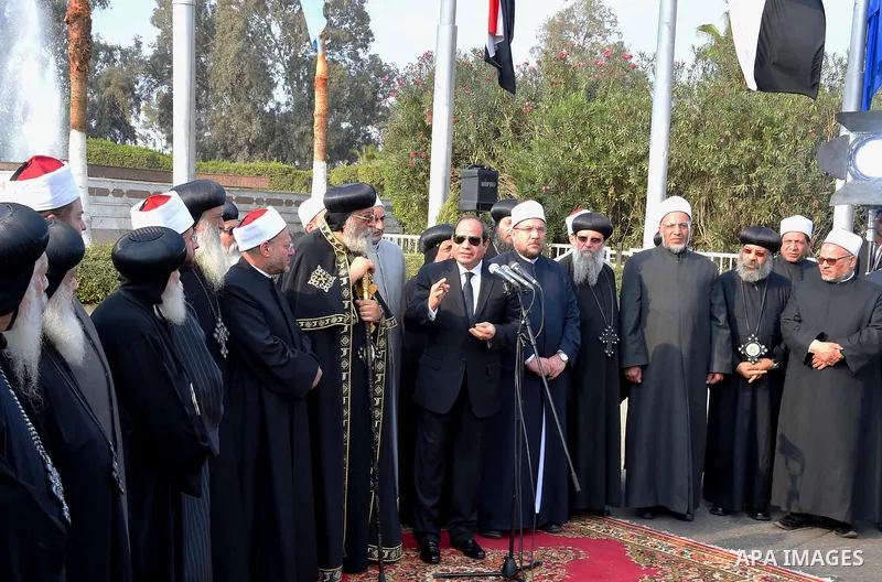 Egyptian President Abdel Fattah al-Sisi gives a speech during the funeral of the victims of a bomb explosion that targeted a Coptic Orthodox Church in Cairo, on December 12, 2016. Photo by Egyptian President Office