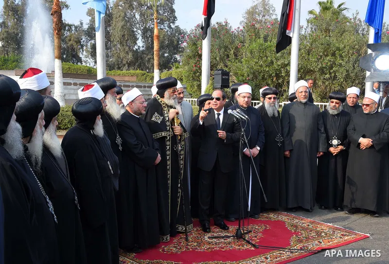 Egyptian President Abdel Fattah al-Sisi gives a speech during the funeral of the victims of a bomb explosion that targeted a Coptic Orthodox Church in Cairo, on December 12, 2016. Photo by Egyptian President Office