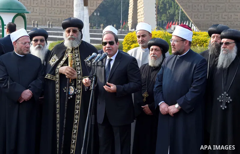 Egyptian President Abdel Fattah al-Sisi gives a speech during the funeral of the victims of a bomb explosion that targeted a Coptic Orthodox Church in Cairo, on December 12, 2016. Photo by Egyptian President Office