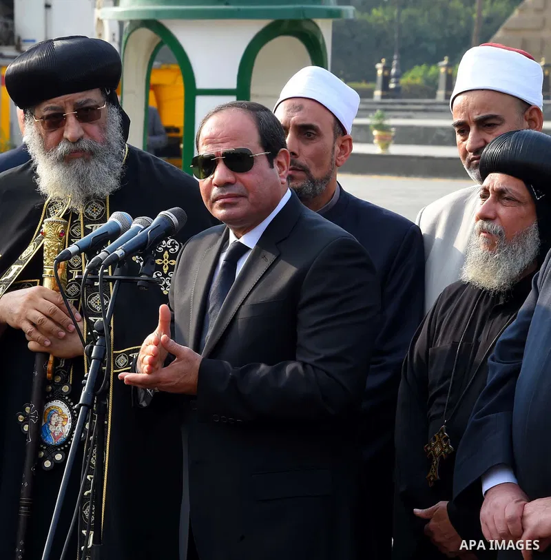 Egyptian President Abdel Fattah al-Sisi gives a speech during the funeral of the victims of a bomb explosion that targeted a Coptic Orthodox Church in Cairo, on December 12, 2016. Photo by Egyptian President Office