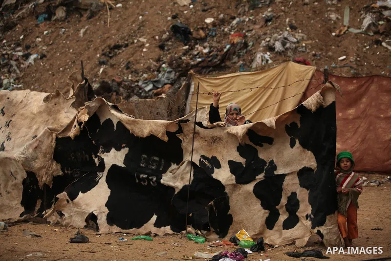 A Palestinian woman looks out of her family's tent in Khan Younis, in the southern Gaza Strip on December 14, 2016. Photo by Ashraf Amra