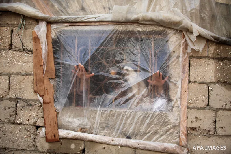 A Palestinian boy looks through a Window of nylon during the winter storm in Khan Younis, in the southern Gaza Strip on December 14, 2016. Photo by Ashraf Amra