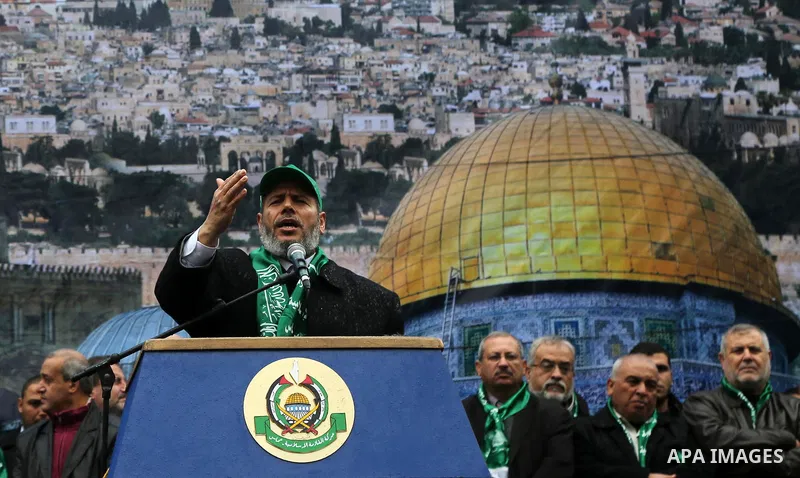Senior Hamas leader Khalil al-Hayah gives a speech during a rally marking the 29th anniversary of the founding of the Hamas movement, in Gaza city December 14, 2016. Photo by Ashraf Amra