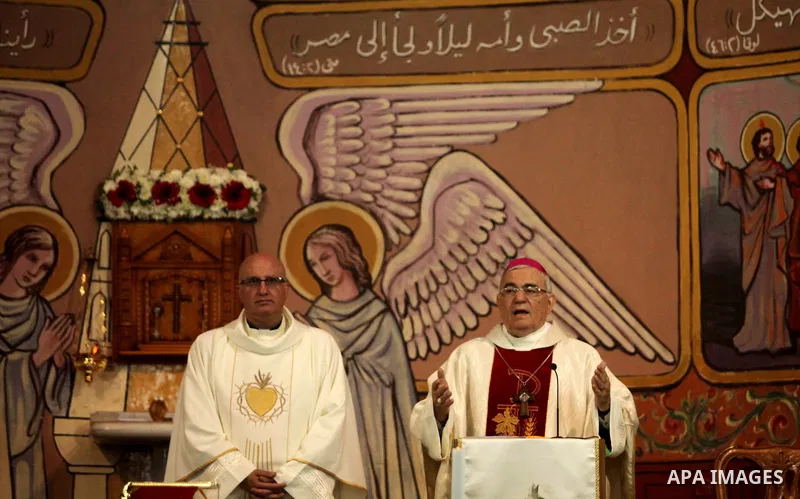 English cardinal Vincent Nichols, Archbishop of Westminster, leads a Sunday mass at Der Latin church in Gaza City on December 18, 2016. Photo by Ashraf Amra