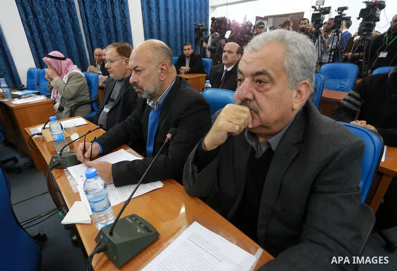 Members of the Palestinian legislative council from Hamas movement attend a meeting at the legislative council in Gaza city, on December 21, 2016. Photo by Mohammed Asad