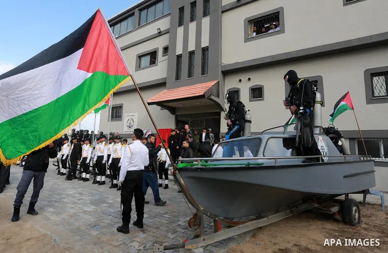 Palestinian Hamas naval security forces take part in the opening ceremony of the first headquarters a newly created marine police unit, in Gaza City, on December 22, 2016. Photo by Mohammed Asad