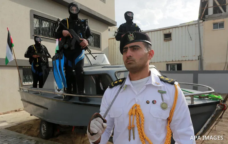 Palestinian Hamas naval security forces take part in the opening ceremony of the first headquarters a newly created marine police unit, in Gaza City, on December 22, 2016. Photo by Mohammed Asad