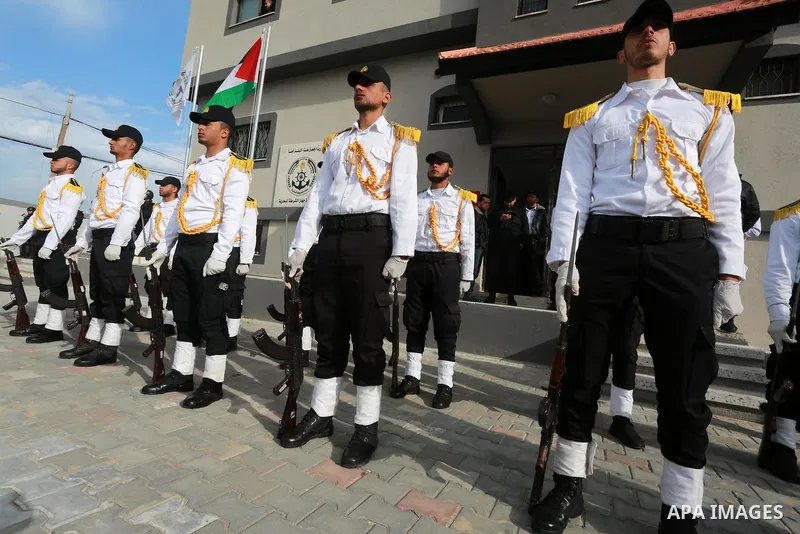 Palestinian Hamas naval security forces take part in the opening ceremony of the first headquarters a newly created marine police unit, in Gaza City, on December 22, 2016. Photo by Mohammed Asad