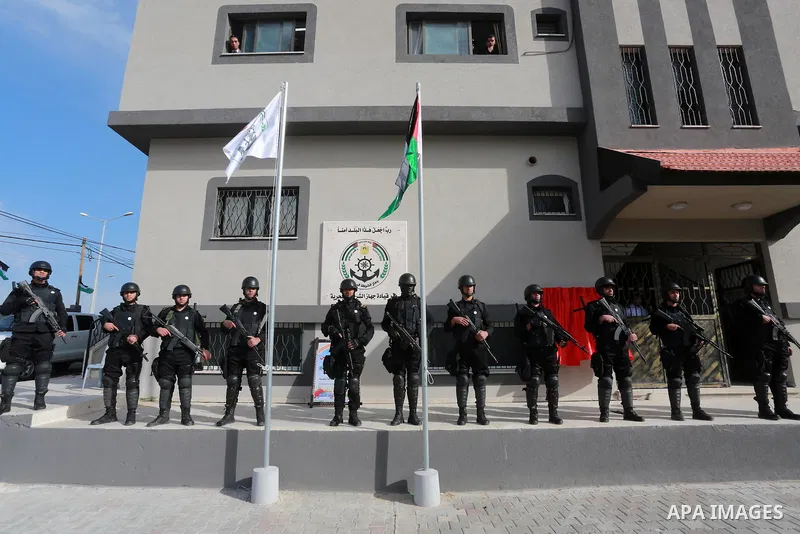 Palestinian Hamas naval security forces take part in the opening ceremony of the first headquarters a newly created marine police unit, in Gaza City, on December 22, 2016. Photo by Mohammed Asad
