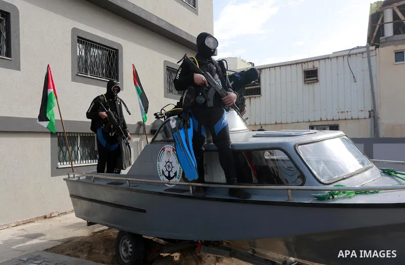 Palestinian Hamas naval security forces take part in the opening ceremony of the first headquarters a newly created marine police unit, in Gaza City, on December 22, 2016. Photo by Mohammed Asad