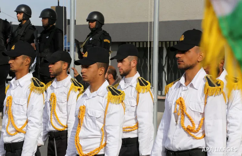 Palestinian Hamas naval security forces take part in the opening ceremony of the first headquarters a newly created marine police unit, in Gaza City, on December 22, 2016. Photo by Mohammed Asad