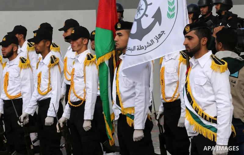 Palestinian Hamas naval security forces take part in the opening ceremony of the first headquarters a newly created marine police unit, in Gaza City, on December 22, 2016. Photo by Mohammed Asad