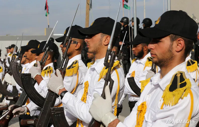 Palestinian Hamas naval security forces take part in the opening ceremony of the first headquarters a newly created marine police unit, in Gaza City, on December 22, 2016. Photo by Mohammed Asad