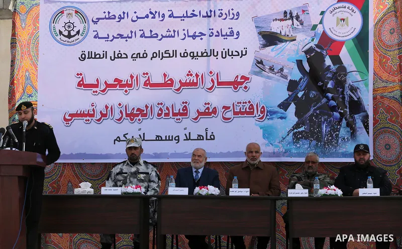 Deputy of the Legislative Council, Ahmed Bahar attends the opening ceremony of the first headquarters a newly created marine police unit, in Gaza City, on December 22, 2016. Photo by Mohammed Asad