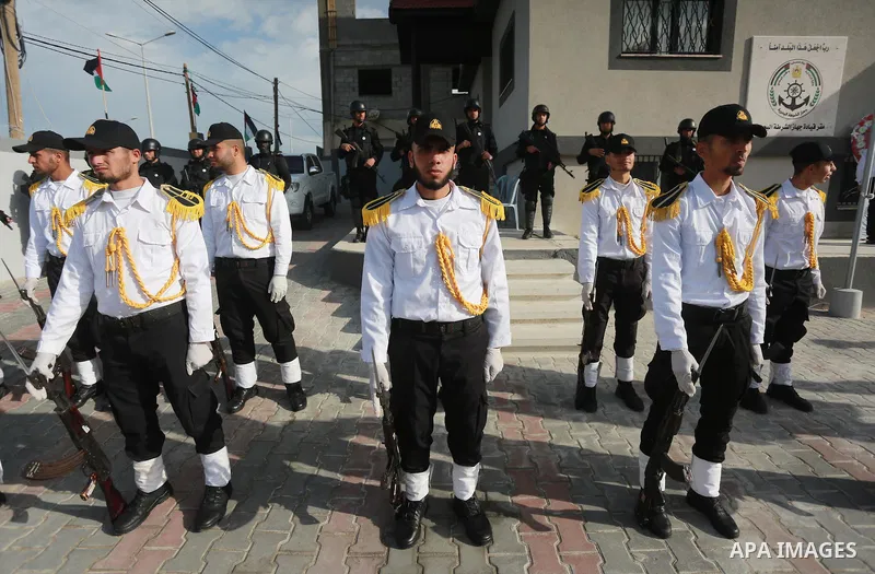 Palestinian Hamas naval security forces take part in the opening ceremony of the first headquarters a newly created marine police unit, in Gaza City, on December 22, 2016. Photo by Mohammed Asad