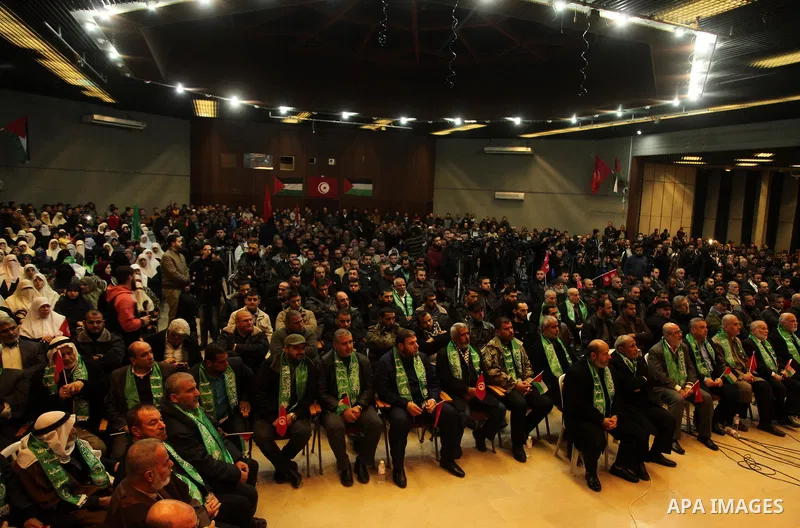 Palestinians attend a memorial service for a Tunisian Mohamed Zaouari, who was murdered in Tunisia in Gaza city on December 26, 2016. Zaouari, 49, was murdered at the wheel of his car outside his house in Tunisia's secon...
