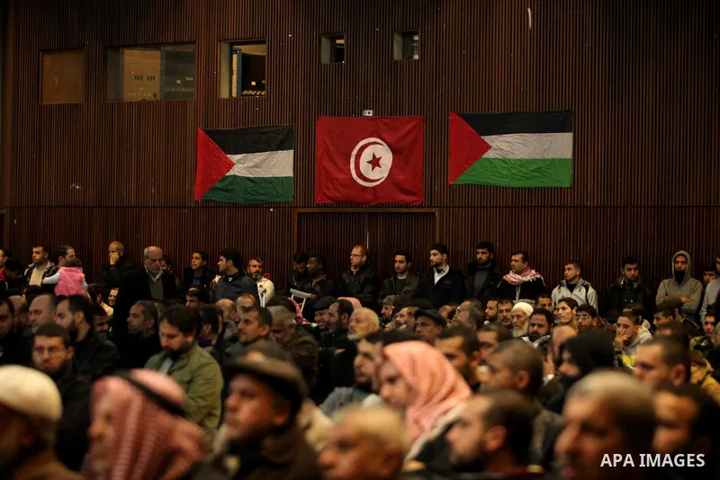 Palestinians attend a memorial service for a Tunisian Mohamed Zaouari, who was murdered in Tunisia in Gaza city on December 26, 2016. Zaouari, 49, was murdered at the wheel of his car outside his house in Tunisia's secon...