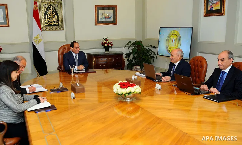 Egyptian President Abdel Fattah al-Sisi chairs a meeting with Prime Minister Sharif Ismail, Minister of State for Military Production Mohammed Al-Assar and Minister of Investment Dalia Khurshid in Cairo, Egypt, on Decemb...