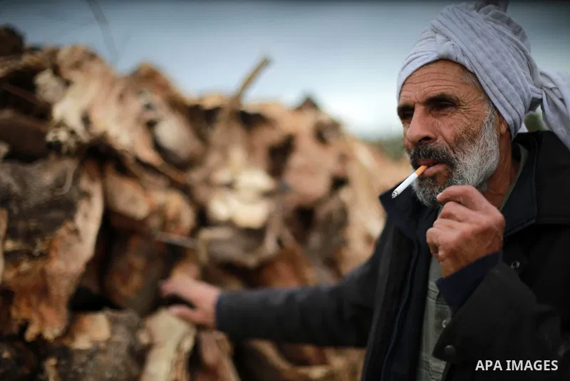 A Palestinian man collects firewood to sell to customers during a winter storm in Gaza city on December 28, 2016. Photo by Mohammed Asad