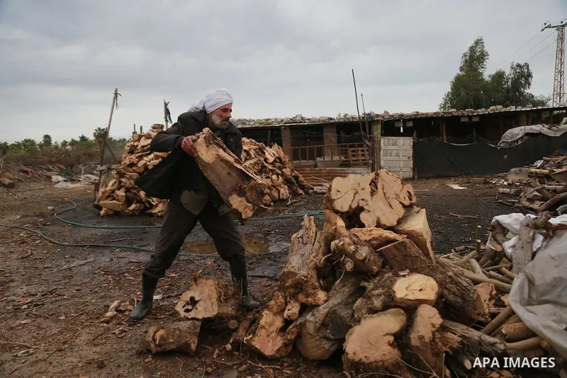 A Palestinian man collects firewood to sell to customers during a winter storm in Gaza city on December 28, 2016. Photo by Mohammed Asad